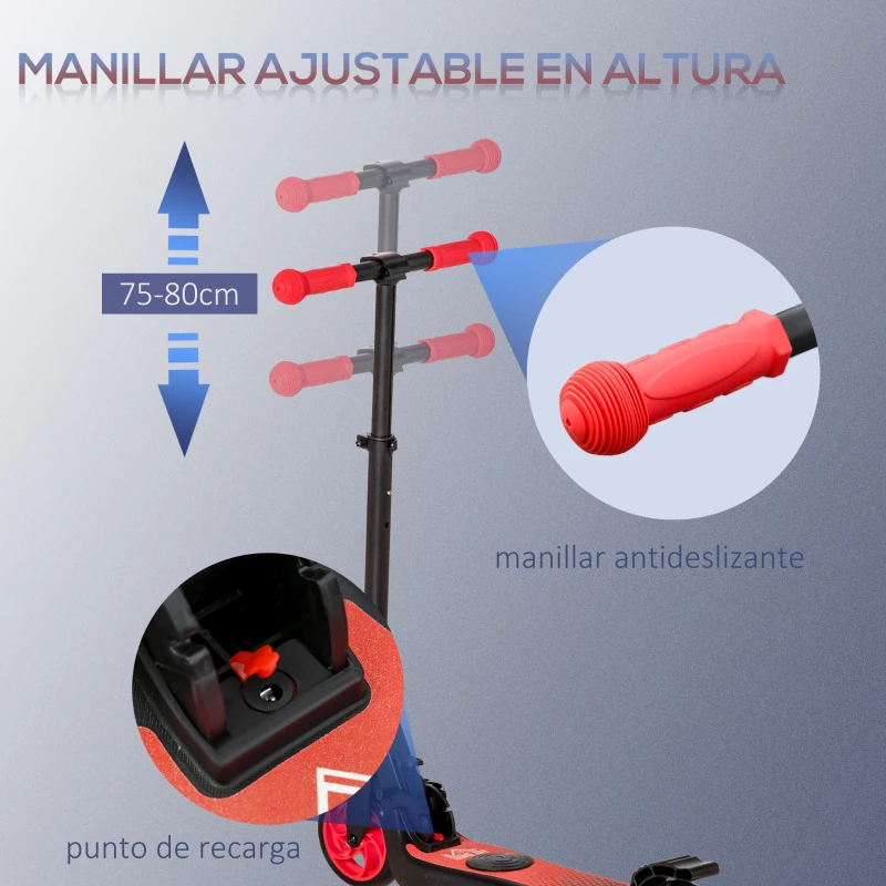 HOMCOM Patinete Eléctrico para Niños de +6 Años Scooter Eléctrico Plegable con Altura Ajustable Batería 24V Velocidad Máxima 8 km/h Carga 50 kg 71x36,5x75-80 cm Rojo