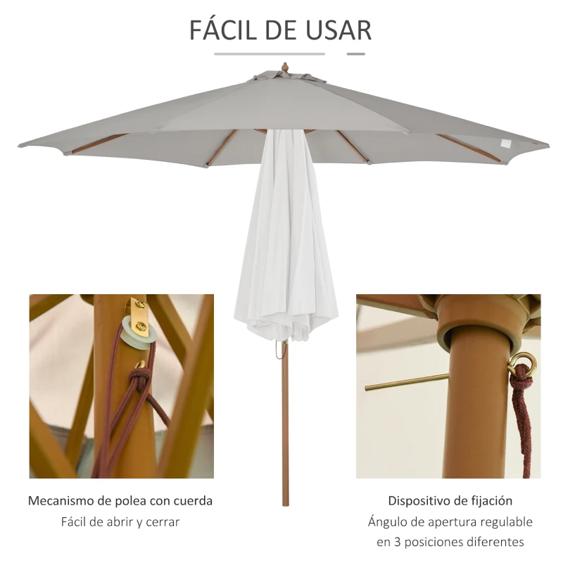Outsunny Sombrilla Terraza Exterior Ø300 cm Sombrilla de Jardín con Sistema de Polea Techo Ventilado y Poste Desmontable de Madera Parasol para Patio Terraza Gris