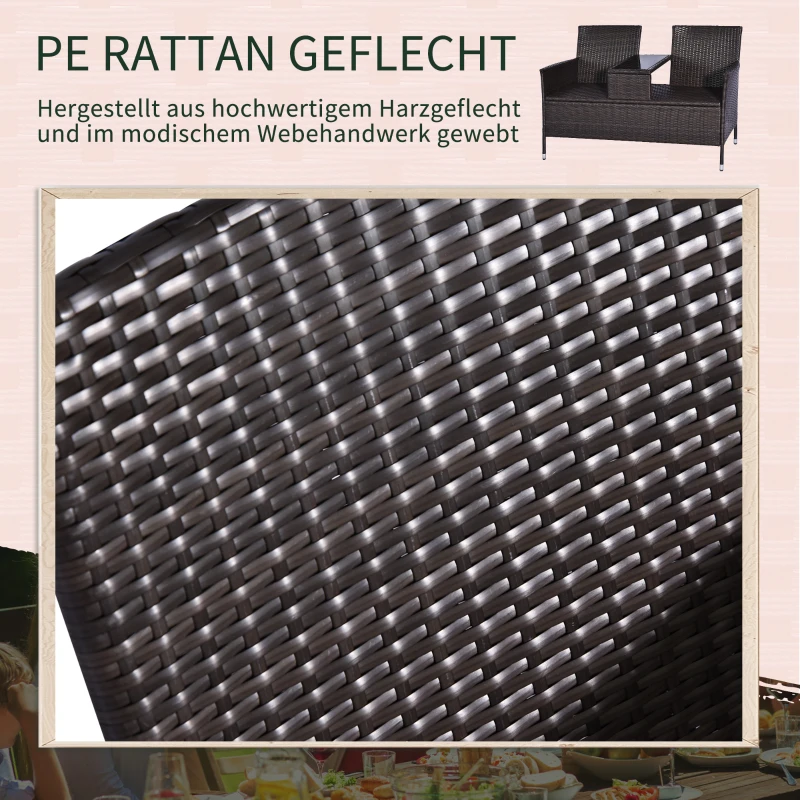 Outsunny Gartenbank Polyrattan 2-Sitzer UV-beständig Sitzbank mit Tisch Kissen Rückenlehne Gartenmöbel Parkbank bis 240kg belastbar Balkonbank für Garten Terrasse Balkon 133x63x84cm, Braun