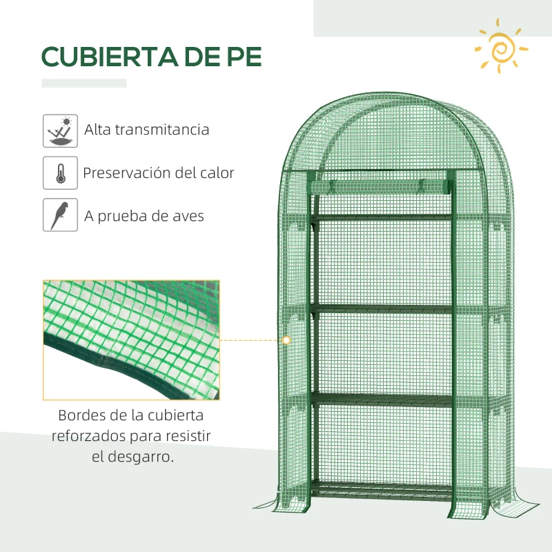 Outsunny Invernadero de Jardín con 4 Estantes Metálicos Puerta Enrollable y Cubierta de PE Vivero Casero de Terraza para Cultivo Plantas Flores Macetas 80x49x160 cm Verde