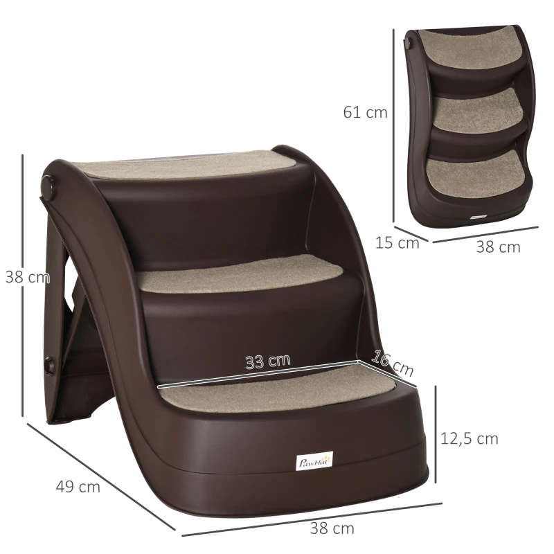 PawHut Escalera para Mascotas de 3 Peldaños Plegable Escalón para Perros Gatos para Cama Sofá 49x38x38 cm Marrón