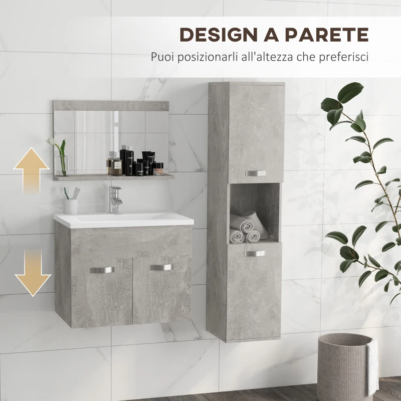 kleankin Set Mobili Bagno da 4 Pezzi con Lavabo da 60cm, Mobiletto, Colonna Bagno e Specchiera in Legno, Grigio