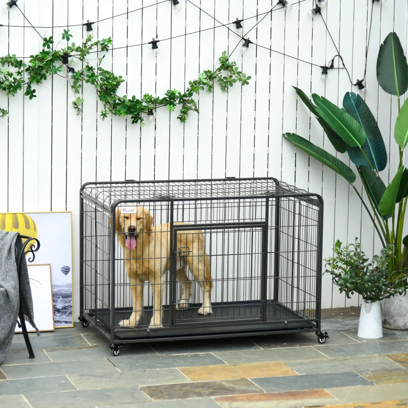 PawHut Kennel Gabbia per Cani Pieghevole a Doppia Porta con Blocco, Box per Cani con 4 Ruote con Freno e Fondo Rimovibile, 125x76x81cm, Grigio Scuro
