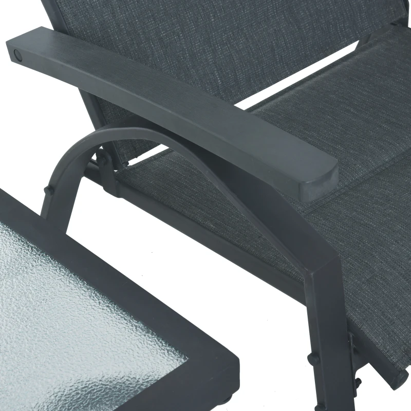 Outsunny Lot de 2 transats bains de soleil grand confort dossier inclinable, repose-pied amovibles intégrés table basse métal époxy textilène gris
