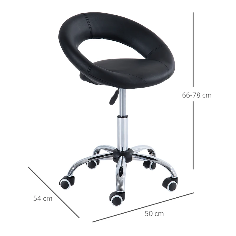 HOMCOM Sgabello da Lavoro Girevole Sgabello da Sala Salone Moderno Altezza Regolabile Ecopelle 50 × 54 × 66-78cm Nero