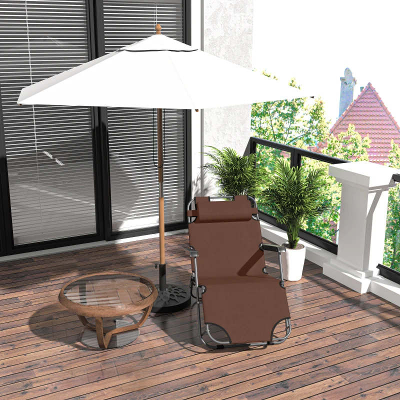 Outsunny Chaise Longue inclinable transat Bain de Soleil fauteuil relax jardin 2 en 1 Pliant têtière Amovible Charge Max. 136 Kg Toile Oxford Facile d'entretien Marron