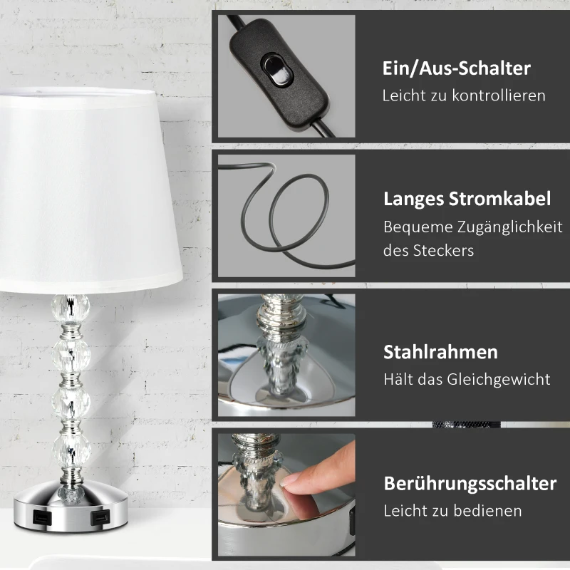 HOMCOM Tischleuchte Schreibtischleuchte Nachttischlampe, USB-Schnittstelle, 23 x 23 x 45 cm, Weiß + Silber