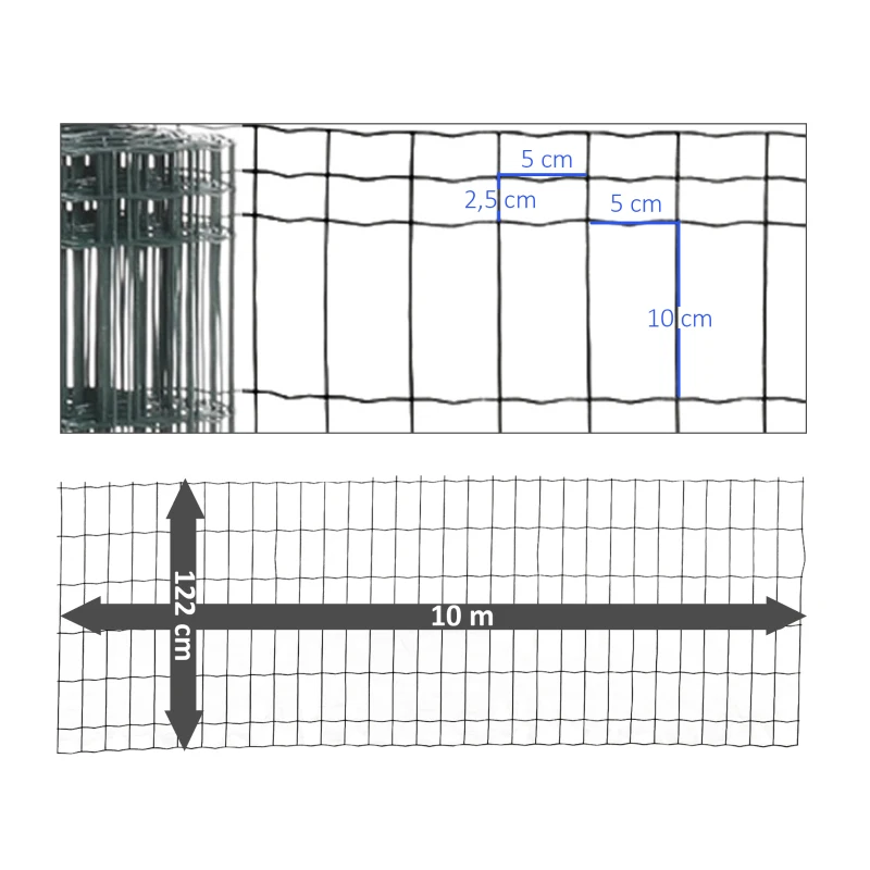 PawHut Maschendrahtzaun 1,22m Höhe 10 m Längen 100 x 50mm Maschenweite 2.1 mm Drahtstärke Drahtzaun aus Stahl Drahtgeflecht Maschendraht Gartenzaun Drahtgitter Kaninchendraht für Garten, Haus, Hof