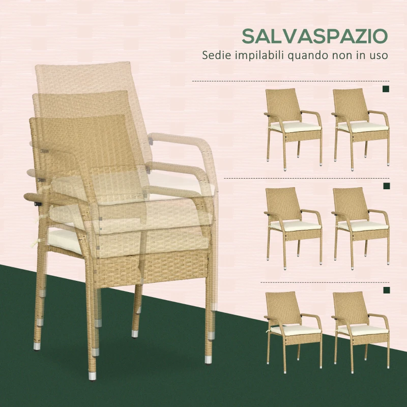 Outsunny Set da Giardino in Rattan PE da 7 Pezzi con Tavolo Rettangolare e 6 Sedie da Pranzo con Cuscini Imbottiti