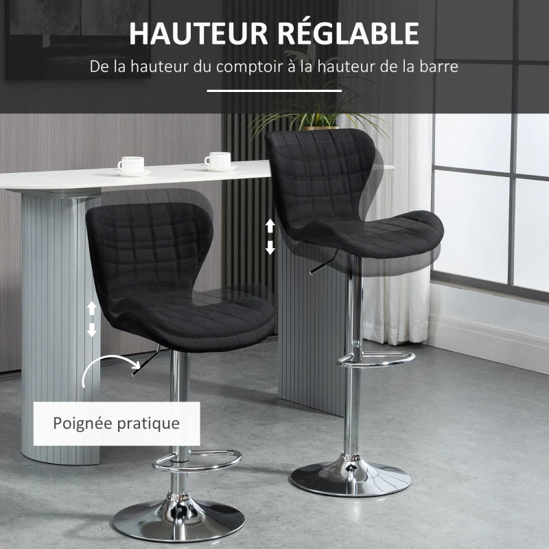 HOMCOM Lot de 2 Tabourets de Bar Design Contemporain Hauteur d'assise réglable 59-81 cm pivotant 360° Lin Noir