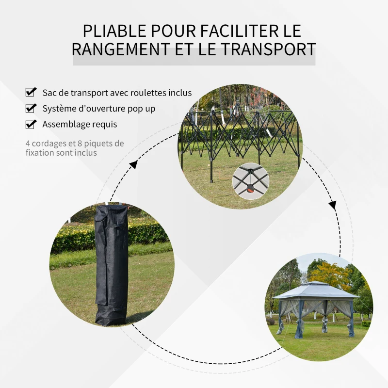 Outsunny Tonnelle barnum de jardin pop-up pliant 4 x 4 m acier polyester moustiquaires + sac de transport à roulettes gris