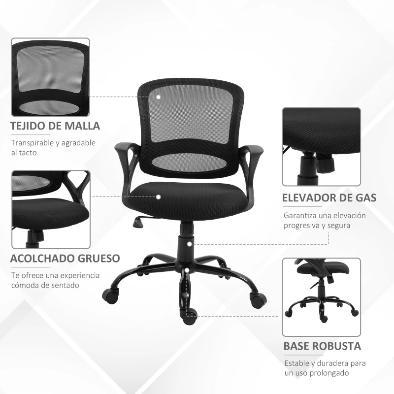 Vinsetto Silla de Oficina Silla de Escritorio de Malla Transpirable Basculante con Altura Ajustable Asiento Giratorio 360° y Soporte Lumbar 61x61x89-99 cm Negro