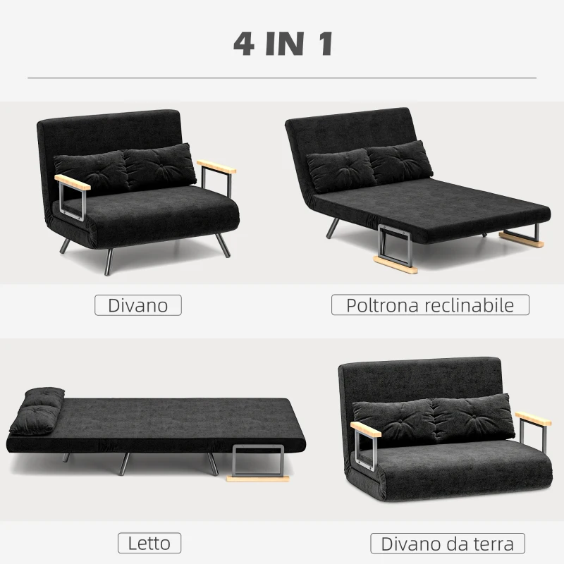 HOMCOM Divano Letto 3 in 1 in Tessuto Effetto Velluto con Schienale Regolabile e 2 Cuscini, 102x73x81 cm, Nero