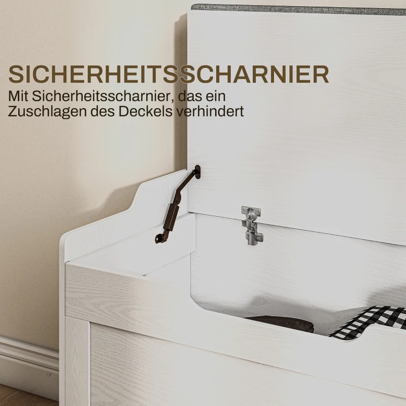 HOMCOM 103 Liter Aufbewahrungstruhe, Stauraum-Sitzbank mit Sicherheitsscharnier, Sitzkissen, für verschiedene Zimmer, Weiß
