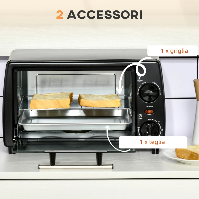 HOMCOM Fornetto Elettrico 10L da 750W con Temperatura Regolabile e Timer, 36.5x26x22 cm, Nero