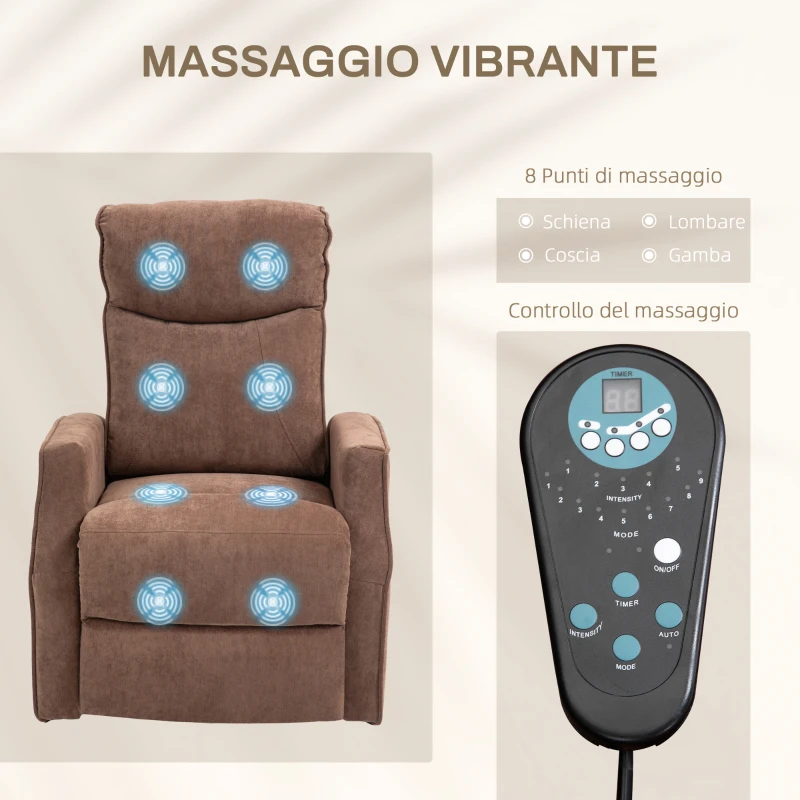 HOMCOM Poltrona Relax Alzapersona con 8 Punti Massaggio, Reclinazione a 135° e 2 Telecomandi, Marrone