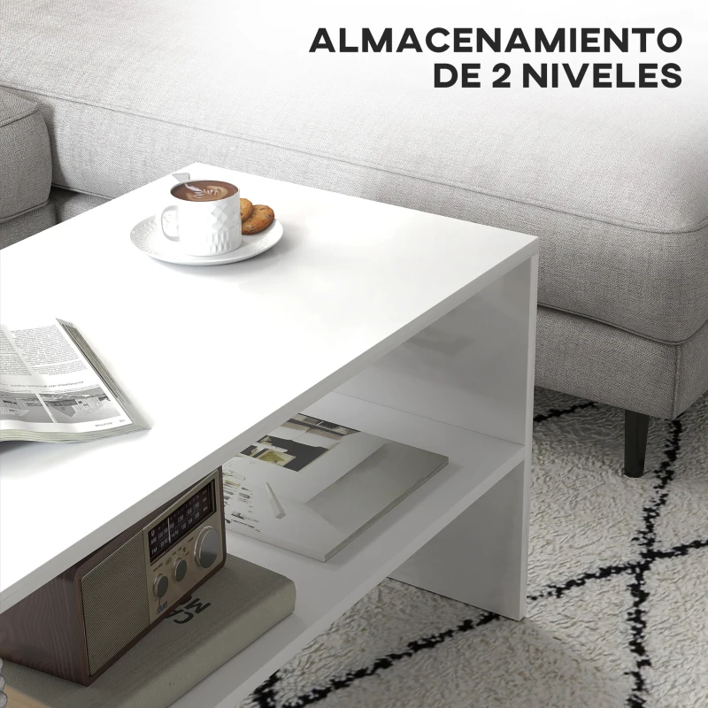 HOMCOM Mesa de Centro Mesa Auxiliar con Compartimento Abierto Mesa de Café 100x40x41,5 cm Blanco Brillante