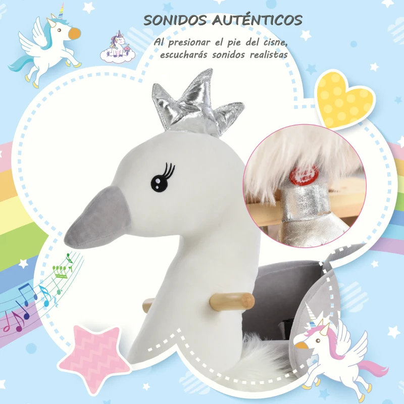 HOMCOM Balancín Infantil en Forma de Cisne de Felpa para Bebés 18-36 Meses con Sonido y Cinturón 60x33x59 cm Gris y Blanco