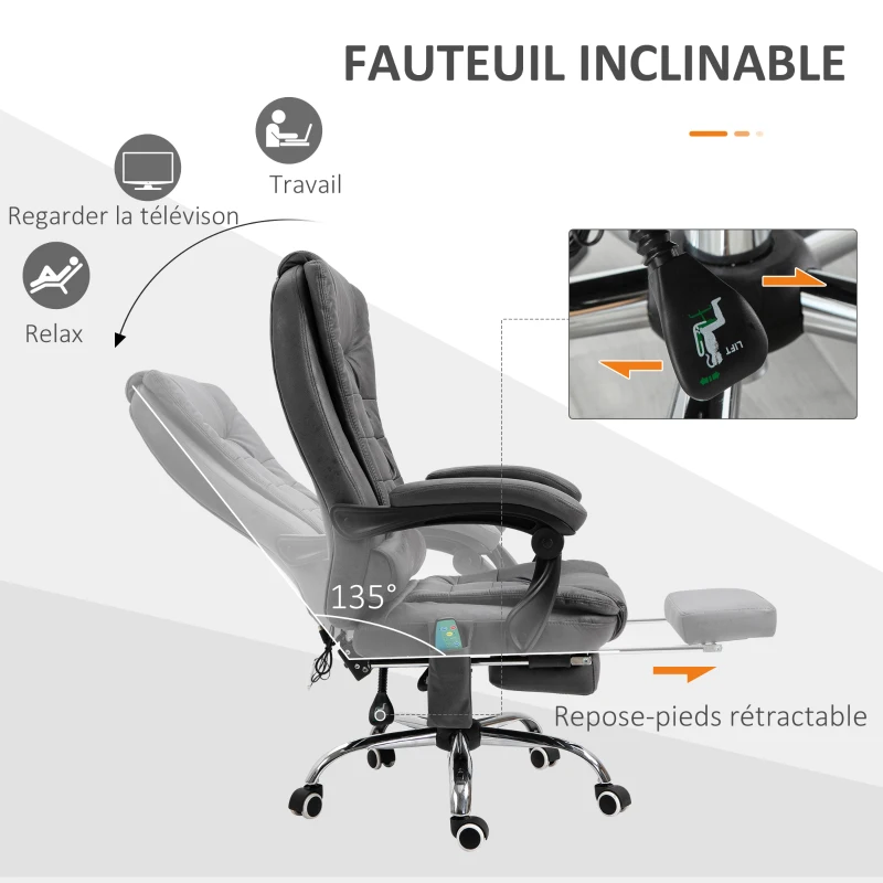 Vinsetto Fauteuil de bureau massant chauffant hauteur réglable dossier inclinable repose-pied + coussin lombaires intégrés