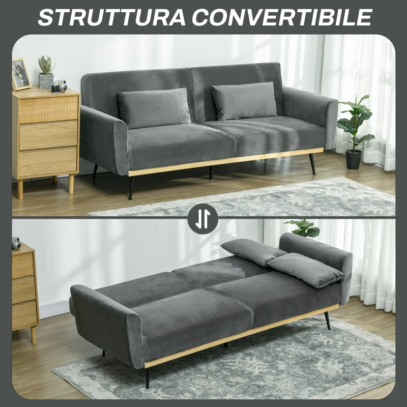 HOMCOM Divano Letto 3 Posti con Design Clic Clac e 2 Cuscini, in Tessuto Effetto Velluto, 206x81x83 cm, Grigio