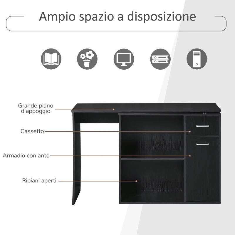 HOMCOM Scrivania Angolare per Studio e Ufficio con 2 Cassetti e 2 Ripiani, in Legno, 117x82x74 cm, Nero