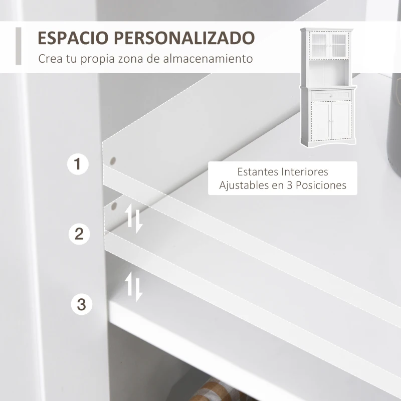 HOMCOM Alacena de Cocina con 1 Cajón 4 Puertas y Estantes Ajustables Carga 50 kg Mueble de Cocina 79x40x180 cm Blanco