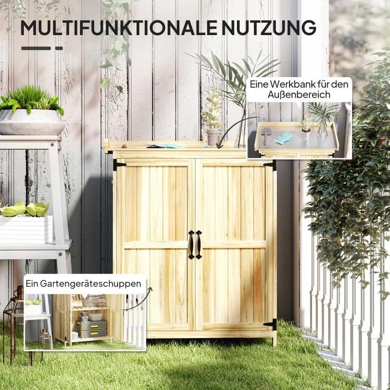 Outsunny Gartenschrank, Werkzeugschrank für den Außenbereich, mit Arbeitsfläche, Holz und Edelstahl, Doppeltüren, Naturholz(m-4)