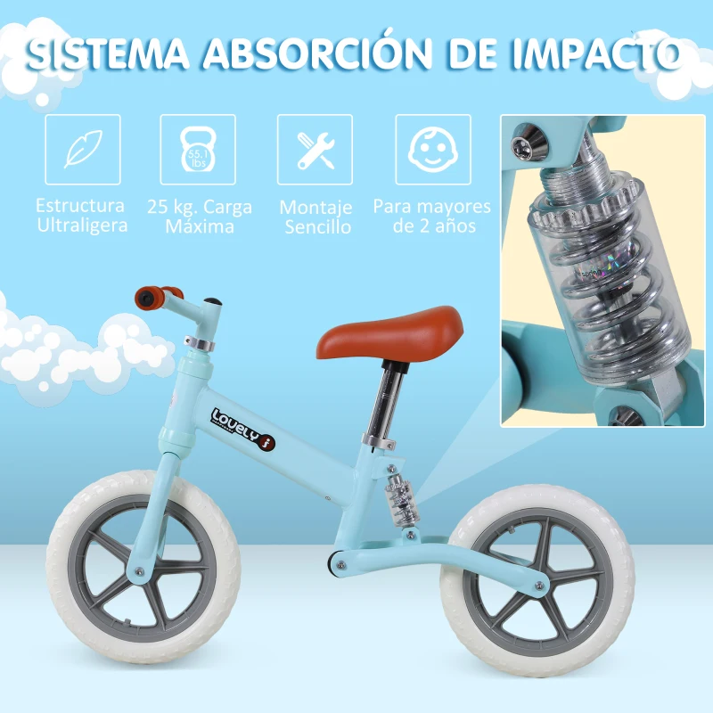 HOMCOM Bicicleta Sin Pedales Para Niños Mayores de 2 Años Bicicleta Entrenamiento Equilibrio con Sillín Regulable Acolchado Rueda Antideslizante Carga 25 kg 85x36x54 cm Color Azul