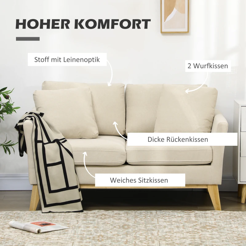 HOMCOM Zweier-Sofa, skandinavisches Design, 2 Wurfkissen, Naturholzrahmen, beige, 137 x 78 x 78 cm