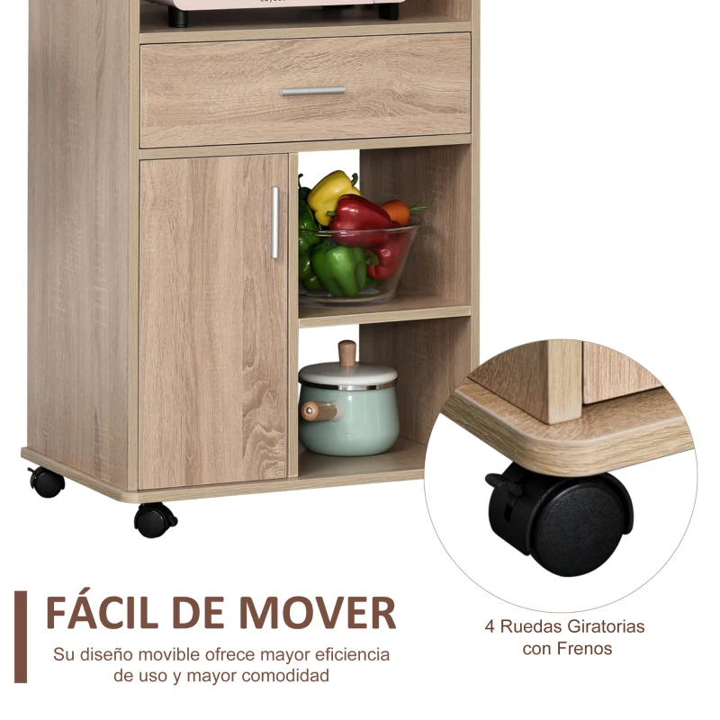 HOMCOM Carro de Cocina para Microondas Aparador de Almacenaje con 4 Ruedas y Frenos Cajón Estantes Abiertos Compartimento con Puerta 60x40x108 cm Roble