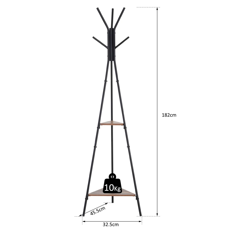 HOMCOM Appendiabiti da Terra con 2 Ripiani e 6 Ganci, Attaccapanni ad Albero in Stile Industriale, 46x52x182 cm, Nero e Marrone
