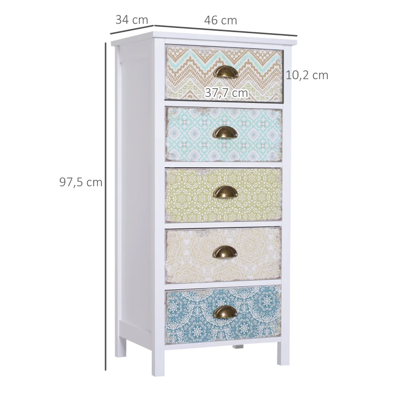 HOMCOM Cómoda con 5 Cajones con Frontales Estampados y Tiradores Vintage Mueble Cajonera para Salón 46x34x97,5 cm Multicolor(m-3)