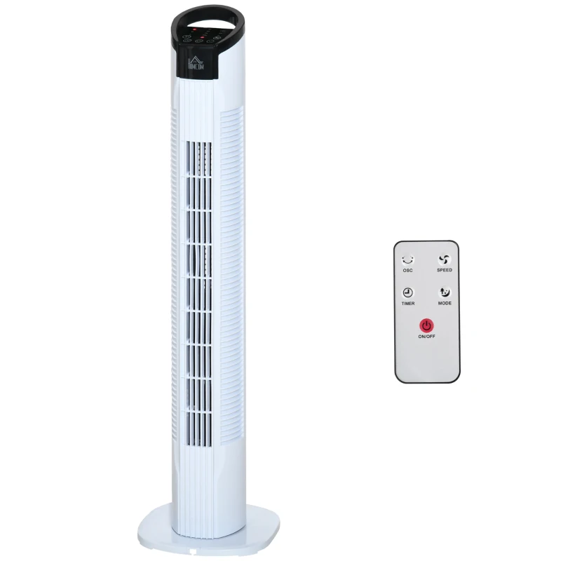 HOMCOM Ventilador de Torre 50W con Mando a Distancia 3 Velocidades Pantalla Temporizador y Oscilante 70° Ø20x78,5 cm Blanco