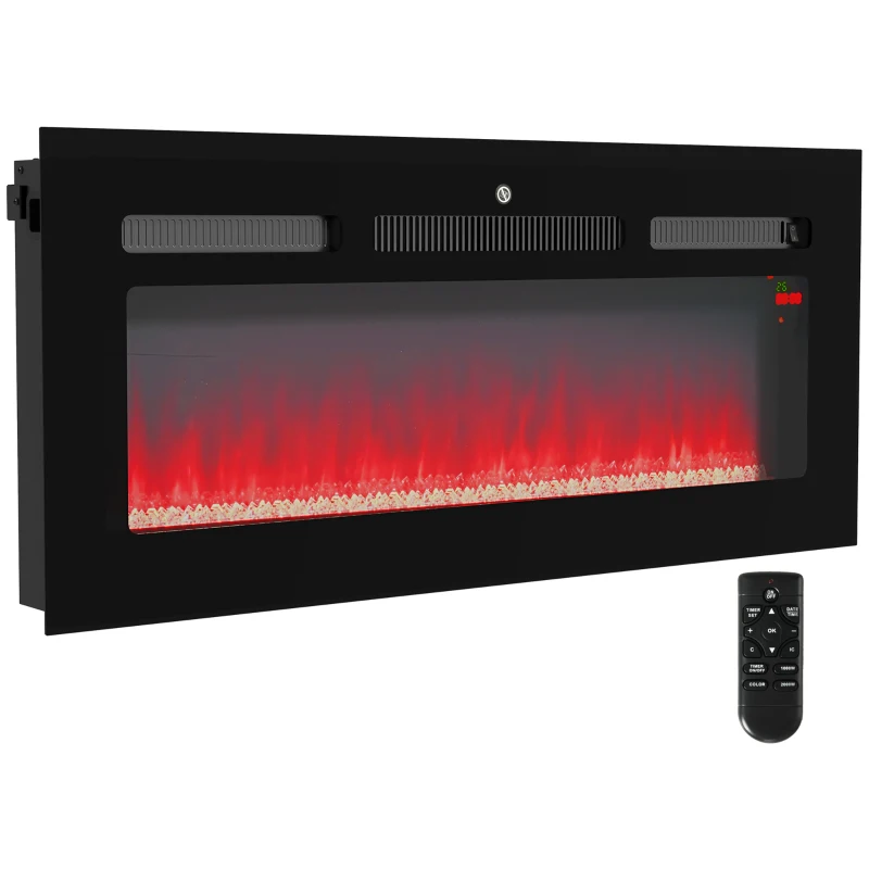 HOMCOM 102cm/40" Electric Fireplace, 2000W Recessed and Wall Mounted Electric Fire with Remote Control, 9 Flame Colour and Crystal, Black