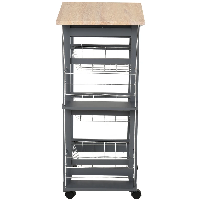HOMCOM Küchenwagen auf Rädern, Rollwagen mit 2 Regalen, Servierwagen, Bastelwagen mit Arbeitsplatte und Gewürzregal, Rollregal für Küche, Esszimmer, Kiefernholz, Grau, 47 x 37 x 83 cm