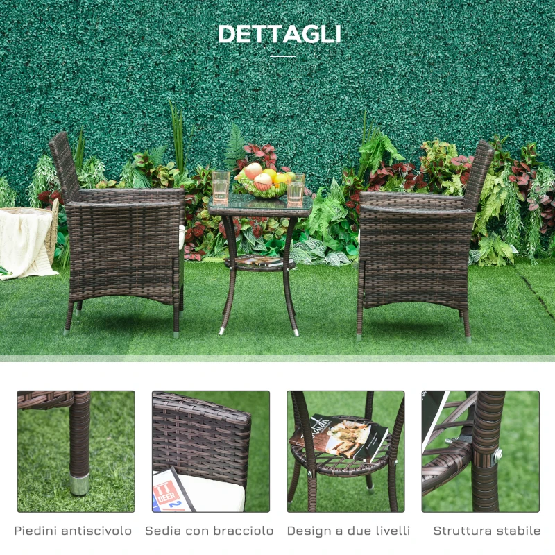 Outsunny Set Mobili da Giardino Rattan Set Arredamento Giardino 3pz Tavolo con 2 Sedie con Cuscini Marrone