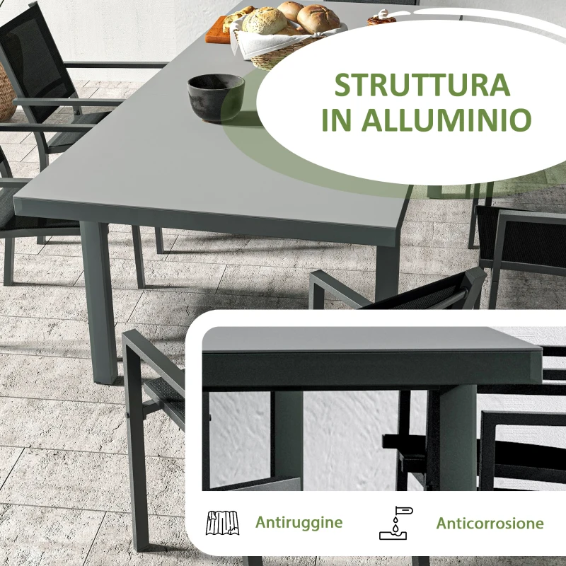 Outsunny Set da Giardino 7 Pezzi in Alluminio con 6 Sedie Pieghevoli e Tavolo Allungabile, Grigio e Nero