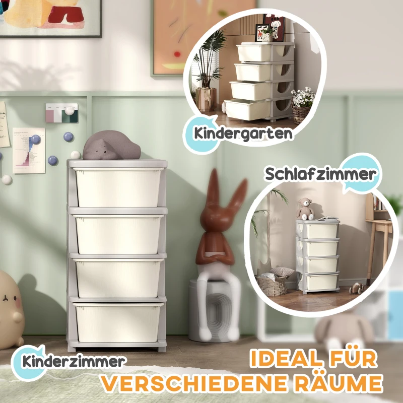 HOMCOM Aufbewahrungsboxen für Kinder, 4 große Schubladen, runde Kanten, Kunststoff, 37x37x76 cm, Cremeweiß