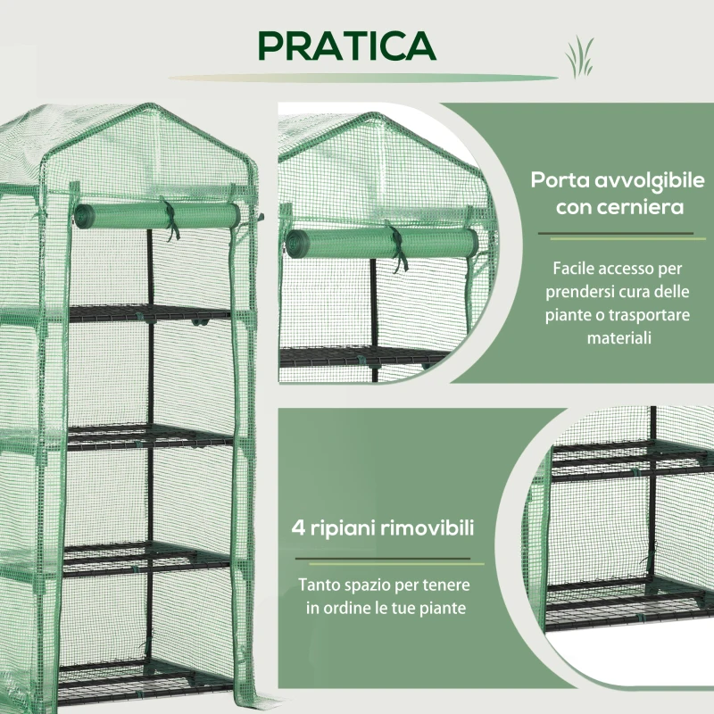 Outsunny Serra per Piante Verticale con Scaffale a 4 Ripiani in Acciaio e PE Verde Scuro, 70x50x160cm