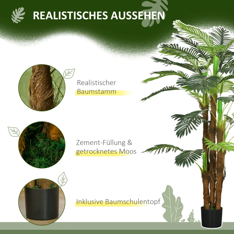 HOMCOM Künstliche Palme, 1,6 m, realistische Zweige, Dekorationspflanze, Kunststoff, mit Topf, Braun+Grün