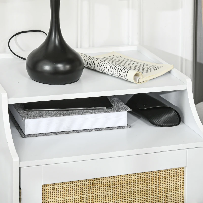 HOMCOM Lot de 2 tables de chevet table de nuit avec placard porte rotin tissé + niche design bohème naturel blanc