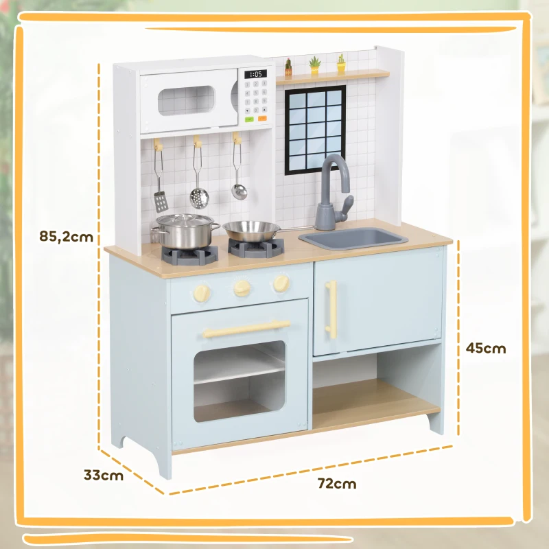 AIYAPLAY Spielküchen-Set, Kinderküche zum Spielen mit Mikrowelle, Herd und Backofen, Kochutensilien, MDF, Edelstahl, Blau(m-3)
