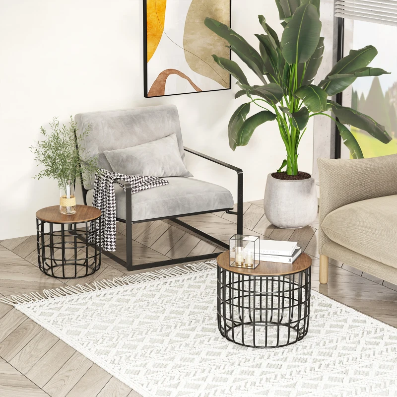 HOMCOM Lot de 2 Tables Basses gigognes Tables d'appoint Rondes encastrables Style Industriel métal Noir Panneaux Particules Imitation Bois