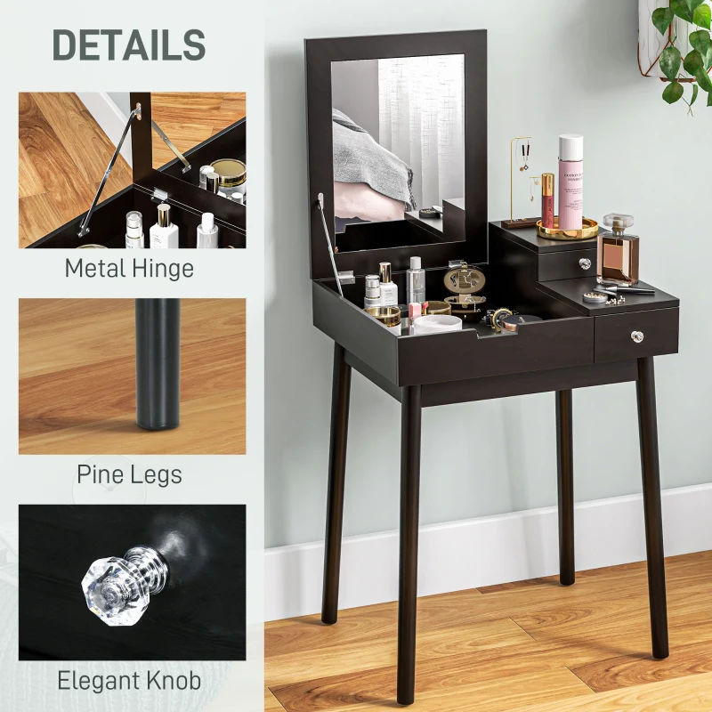 HOMCOM Dressing Table with Flip-up Mirror, Makeup Desk with 2 Drawers and Pine Wood Legs, Vanity Table Writing Desk for Bedroom Living Room, Black
