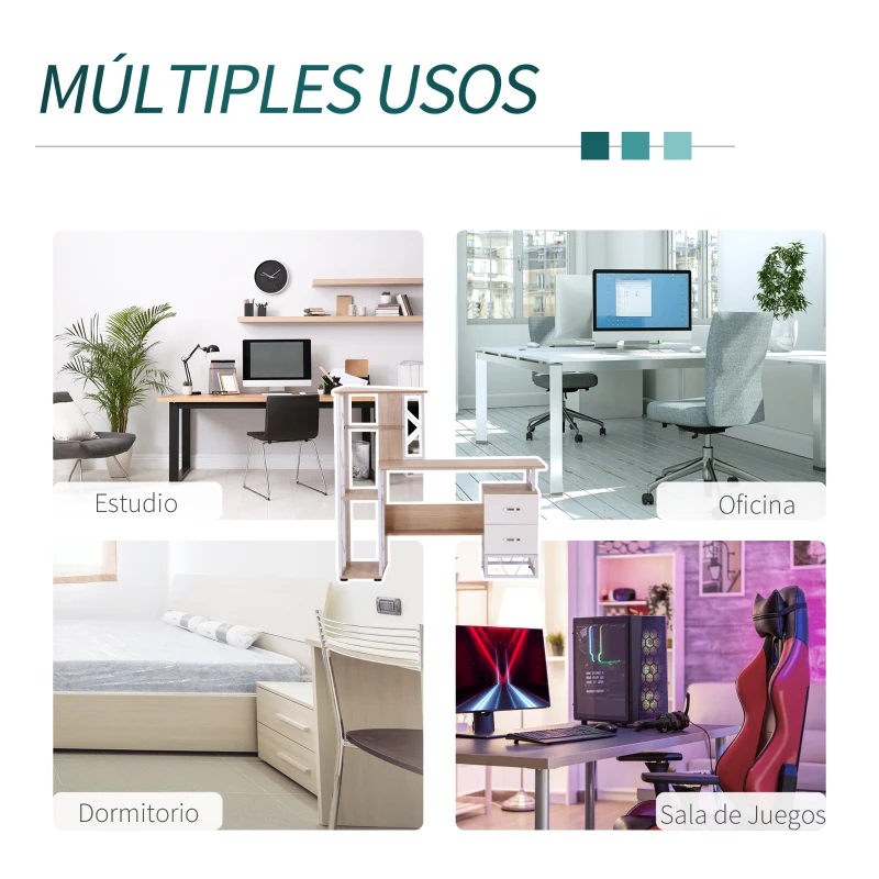 HOMCOM Escritorio con Estantería Librería Mesa de Ordenador PC con Superficie de 110 cm 2 Cajones y Múltiples Estantes para Oficina Estudio Despacho 133x55x123 cm Roble