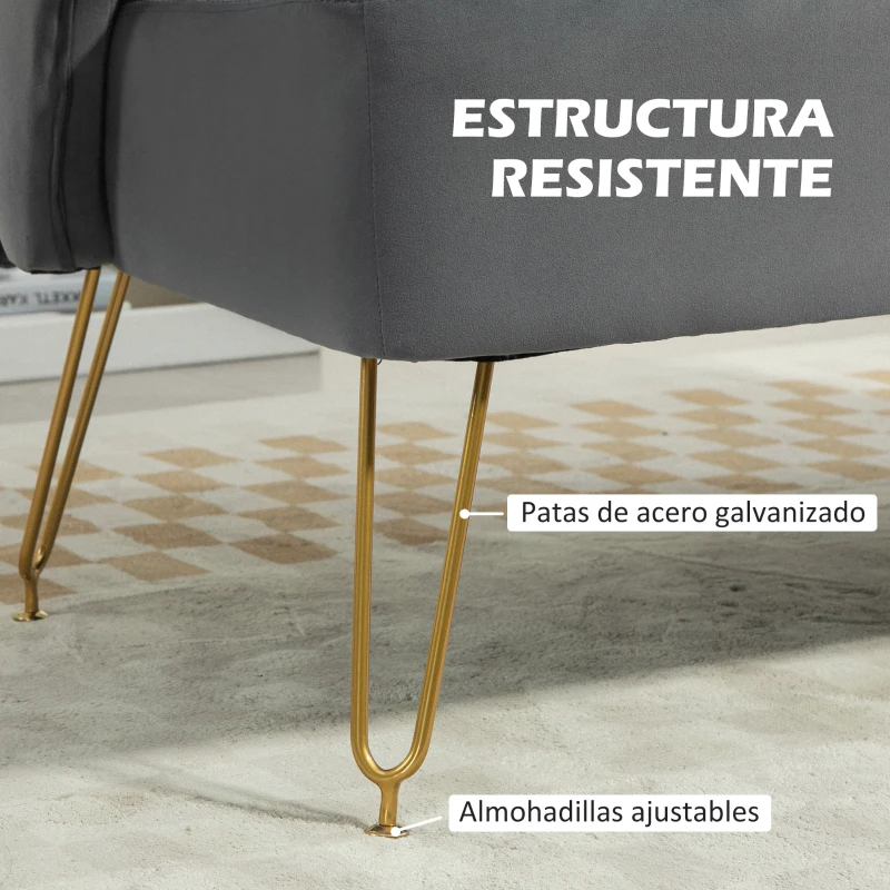 HOMCOM Sofá de 2 Plazas Tapizado en Terciopelo con 2 Almohadas Reposabrazos y Patas de Acero Carga 240 kg 124x69x76 cm Gris