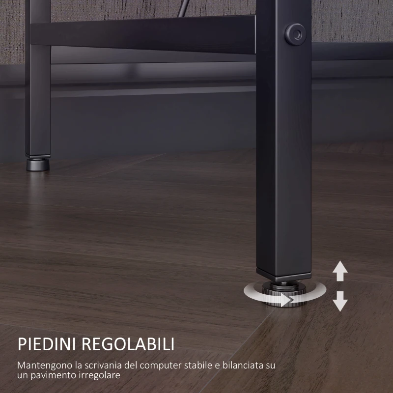 HOMCOM Scrivania Angolare Reversibile con LED, Prese di Corrente e Prese USB, Ripiani e Supporto Monitor, Nero