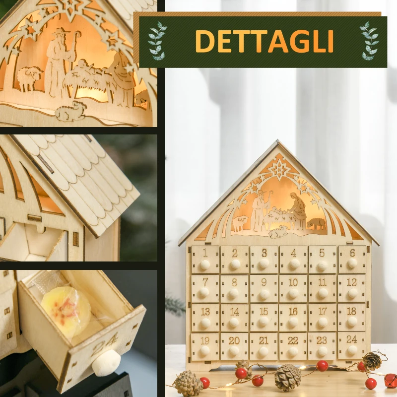 HOMCOM Calendario dell'Avvento in Legno con 24 Cassetti, Decorazione Natalizia con Presepe Intagliato e Luci, 26.6x6x30cm