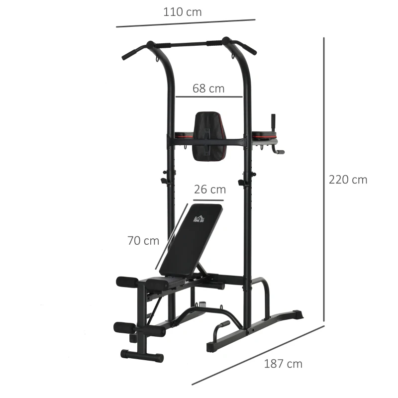 HOMCOM Kraftstation mit Klimmzugstange multifunktionale Dip-Station Trainings-Gerät für Zuhause Fitness Stahl Schwarz 187 x 110 x 220 cm