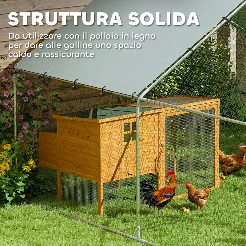 PawHut Recinto per Galline da 10.2m² per 10-15 Galline con Tetto Impermeabile, in Acciaio e Tessuto, 3x3.4x1.9 m, Argento
